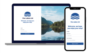 An example of a Captive Portal for a vacation rental company called The Lakes VR. The image shows a laptop computer as well as a mobile phone, both displaying the captive portal login page.